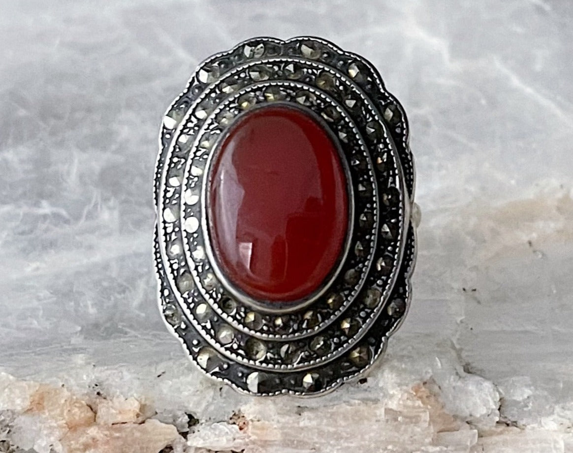 Art Deco Geometric 3 shops Stone Carnelian & Marcasite Prong Set Antique Ring