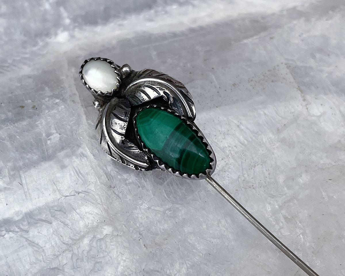 925 Sterling Silver Vintage good Mexico Real Malachite Gemstone Pin Brooch