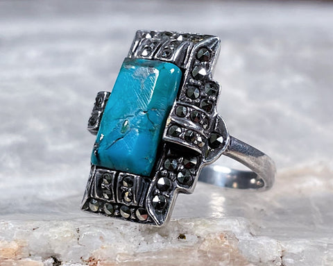 Art Deco Style Turquoise & Marcasite Ring, Size 6.75