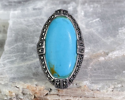Huge Turquoise Marcasite Ring, Size 7