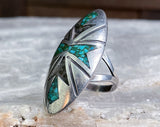 Signed Navajo Sterling Turquoise Chip Inlay Ring, Size 7