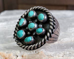 Huge Early Navajo Sterling Turquoise Cluster Ring, Size 10.75