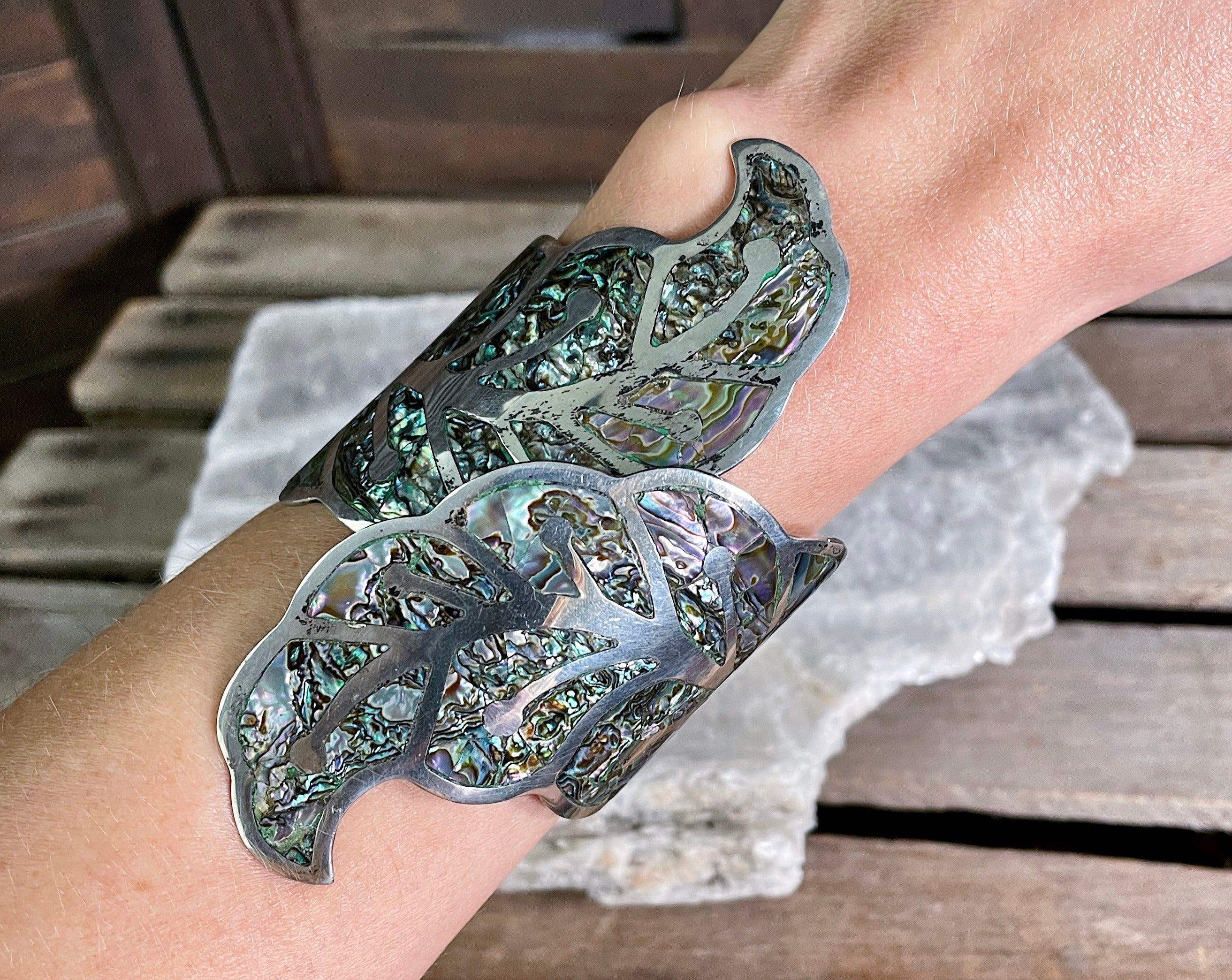 Huge Vintage Taxco Mexico Sterling Silver Abalone Clamper
