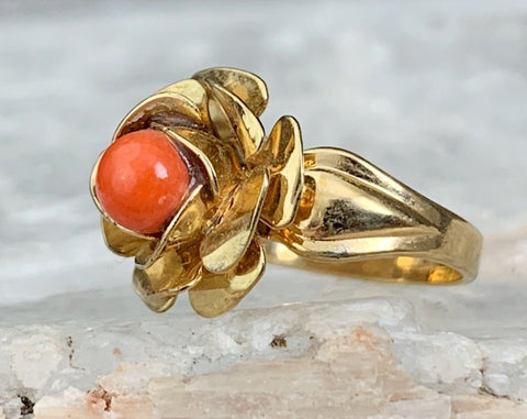 Sterling Gold Vermeil Coral Ring, Size 4.5