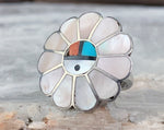 Sterling Zuni Floral Sunface Inlay Ring, Size 6.5
