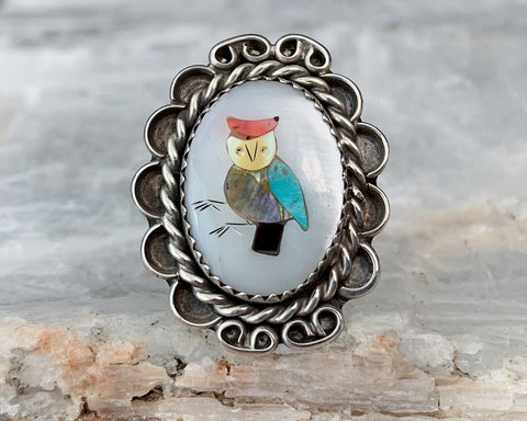 Sterling Owl Inlay Ring, Size 7.25