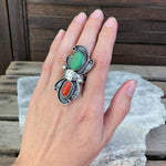 Huge Sterling Navajo Turquoise & Coral Ring, Size 6.5
