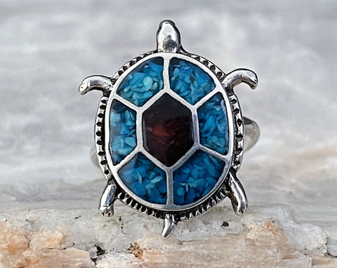 Sterling Chip Inlay Turtle Ring, Size 6.25