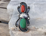 Huge Sterling Navajo Turquoise & Coral Ring, Size 6.5