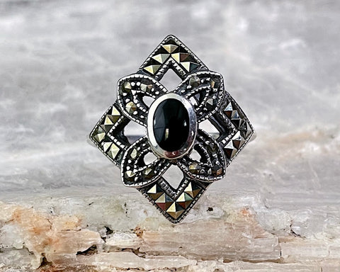 Black Onyx & Marcasite Ring, Size 6.75