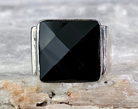 Chunky Faceted Black Onyx Ring, Size 4.25