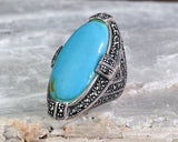 Huge Turquoise Marcasite Ring, Size 7