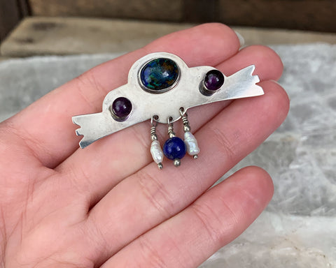 Sterling Brooch with Azuremalachite, Lapis, Pearl & Amethyst
