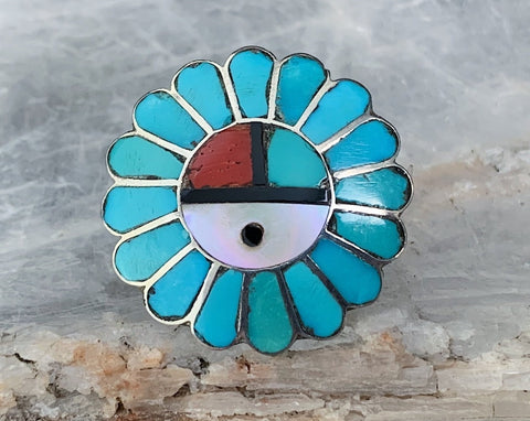 Sterling Zuni Sunface Inlay Ring, Size 5.75